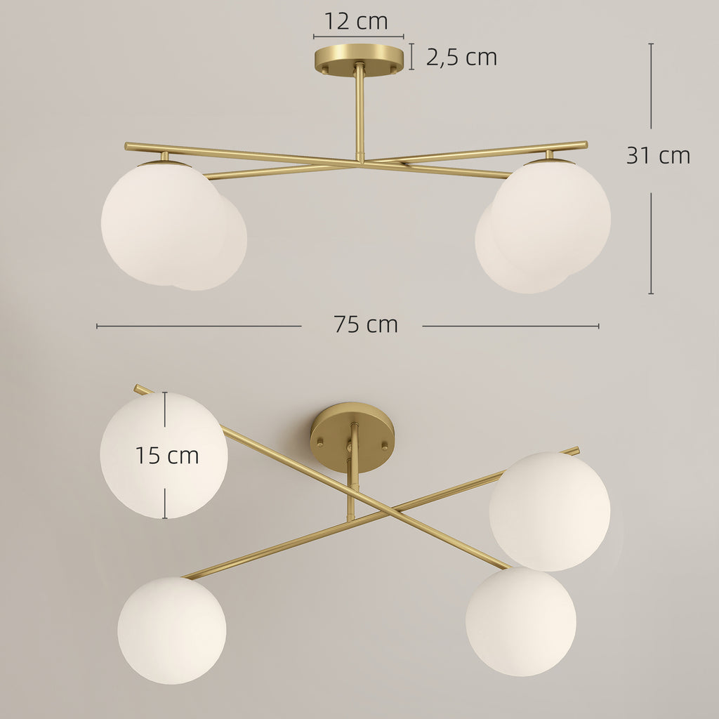 Plafonnier lustre moderne à 4 lumières avec culot E14, montage semi-affleurant, doré et crème