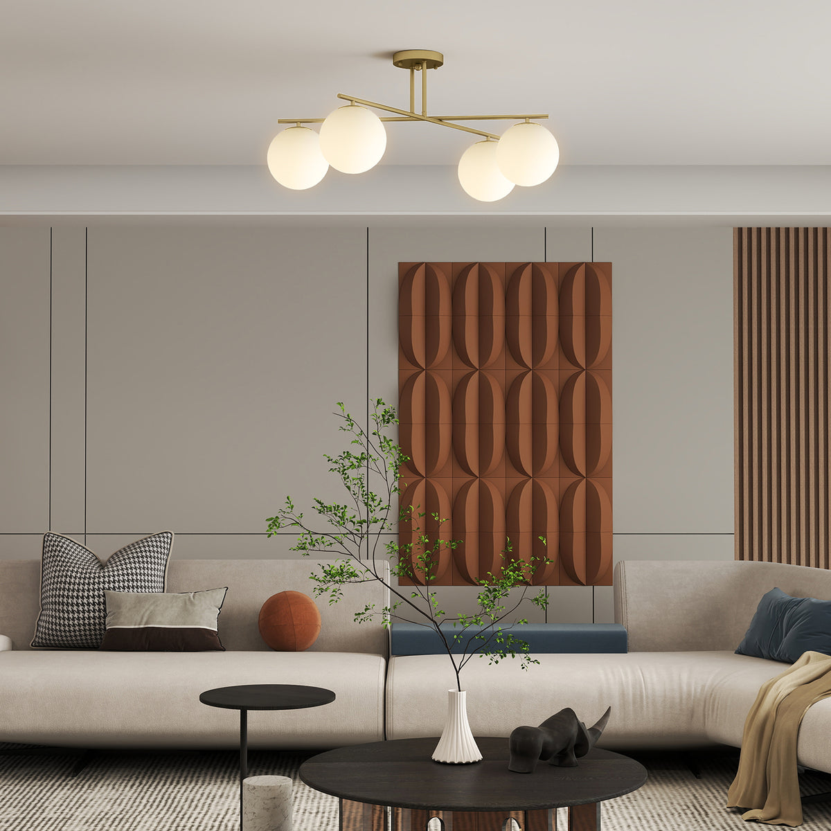 Plafonnier lustre moderne à 4 lumières avec culot E14, montage semi-affleurant, doré et crème