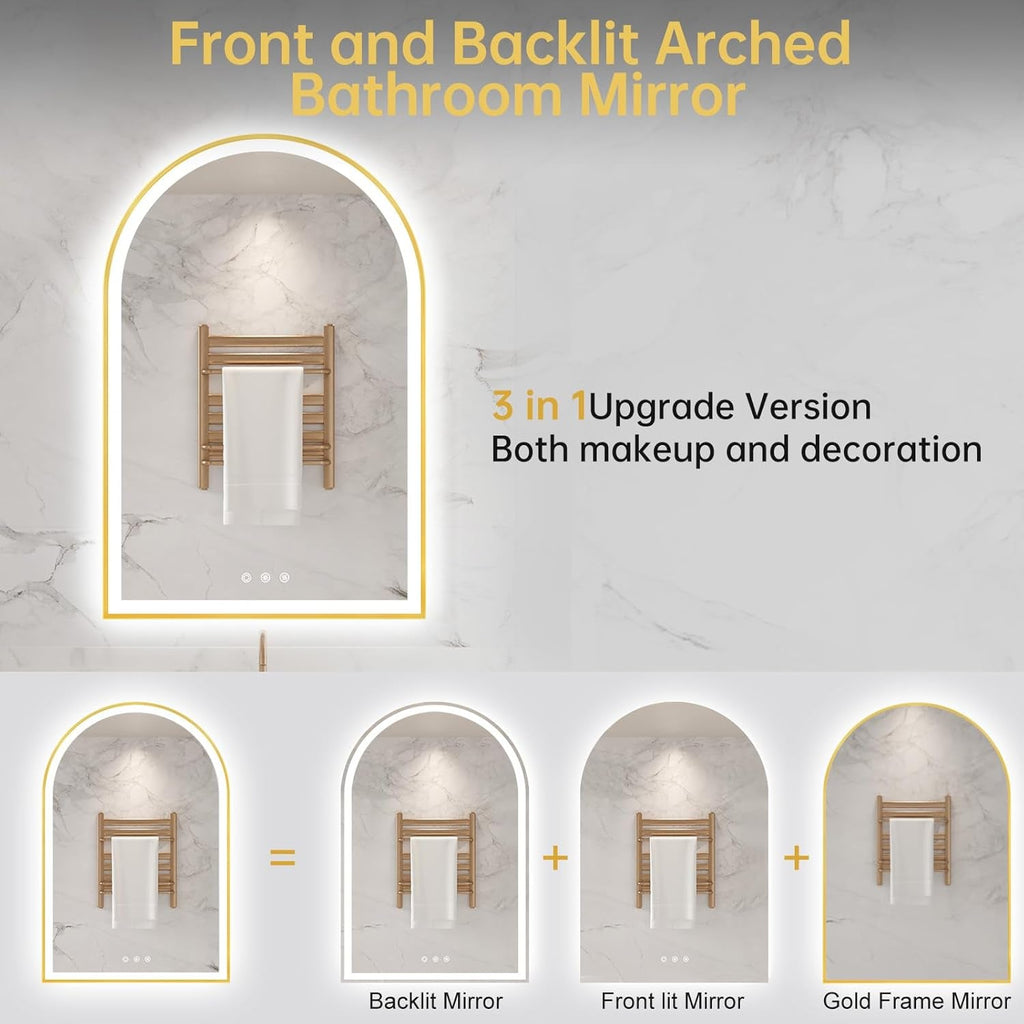 Arched Aluminum Bathroom Mirror With Dimmable Illumination