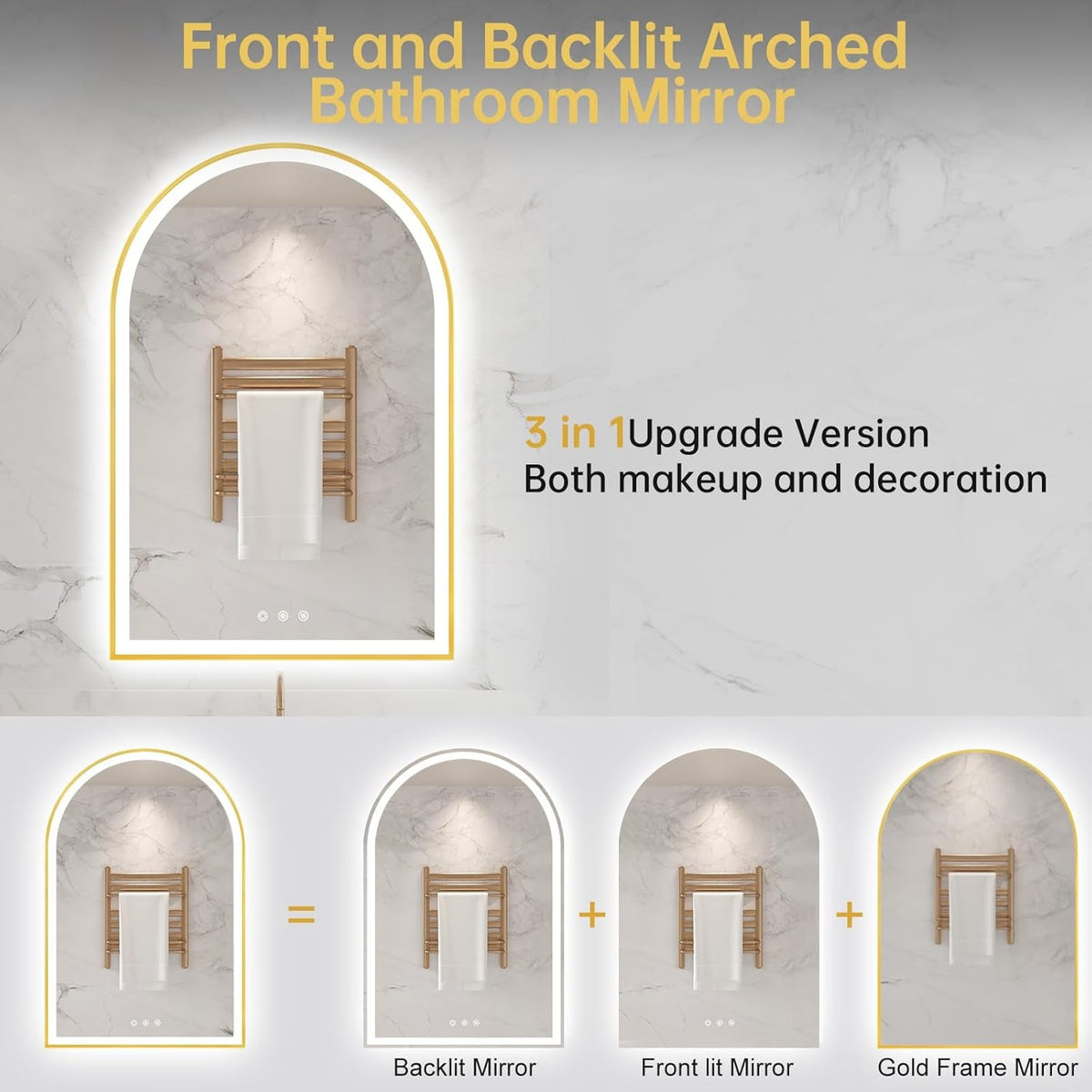 Arched Aluminum Bathroom Mirror With Dimmable Illumination