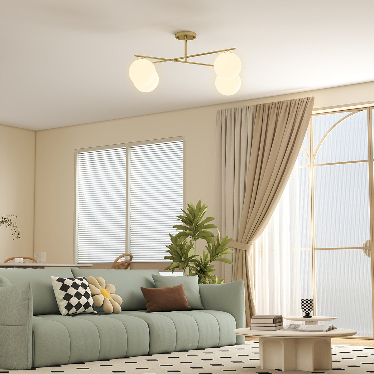 Plafonnier lustre moderne à 4 lumières avec culot E14, montage semi-affleurant, doré et crème