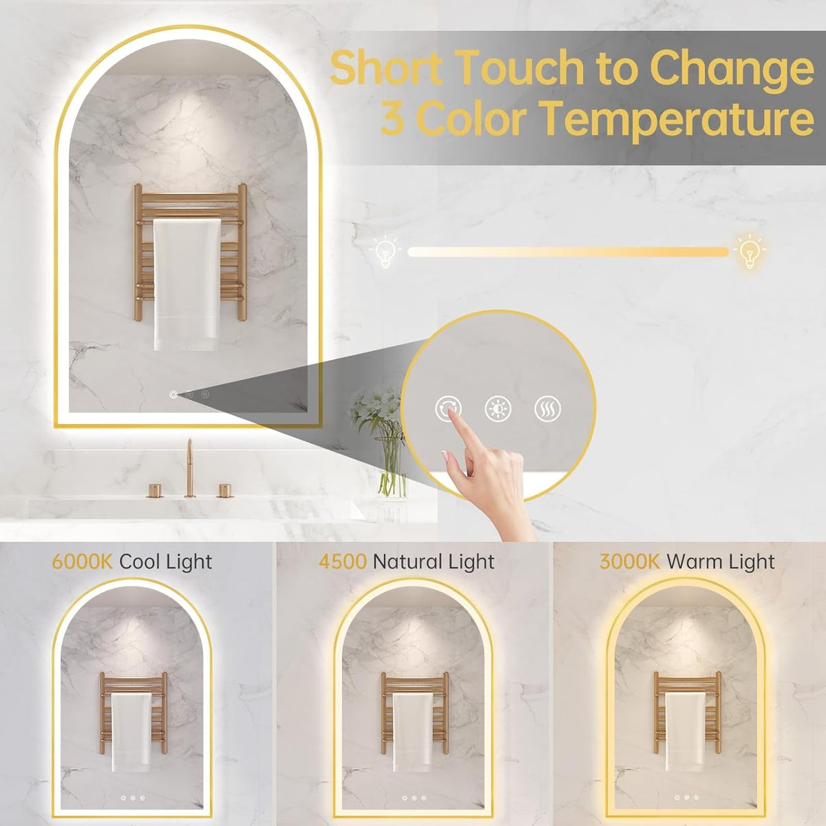 Arched Aluminum Bathroom Mirror With Dimmable Illumination