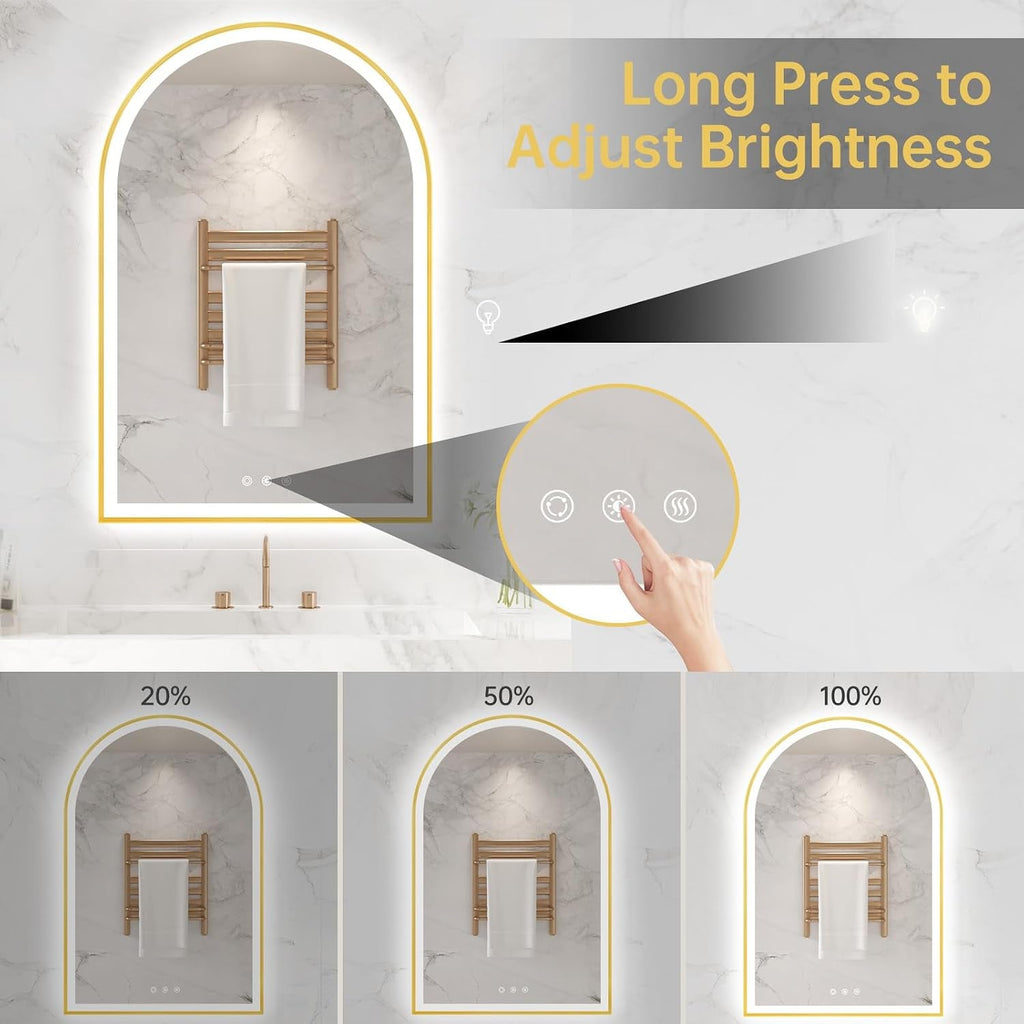 Arched Aluminum Bathroom Mirror With Dimmable Illumination
