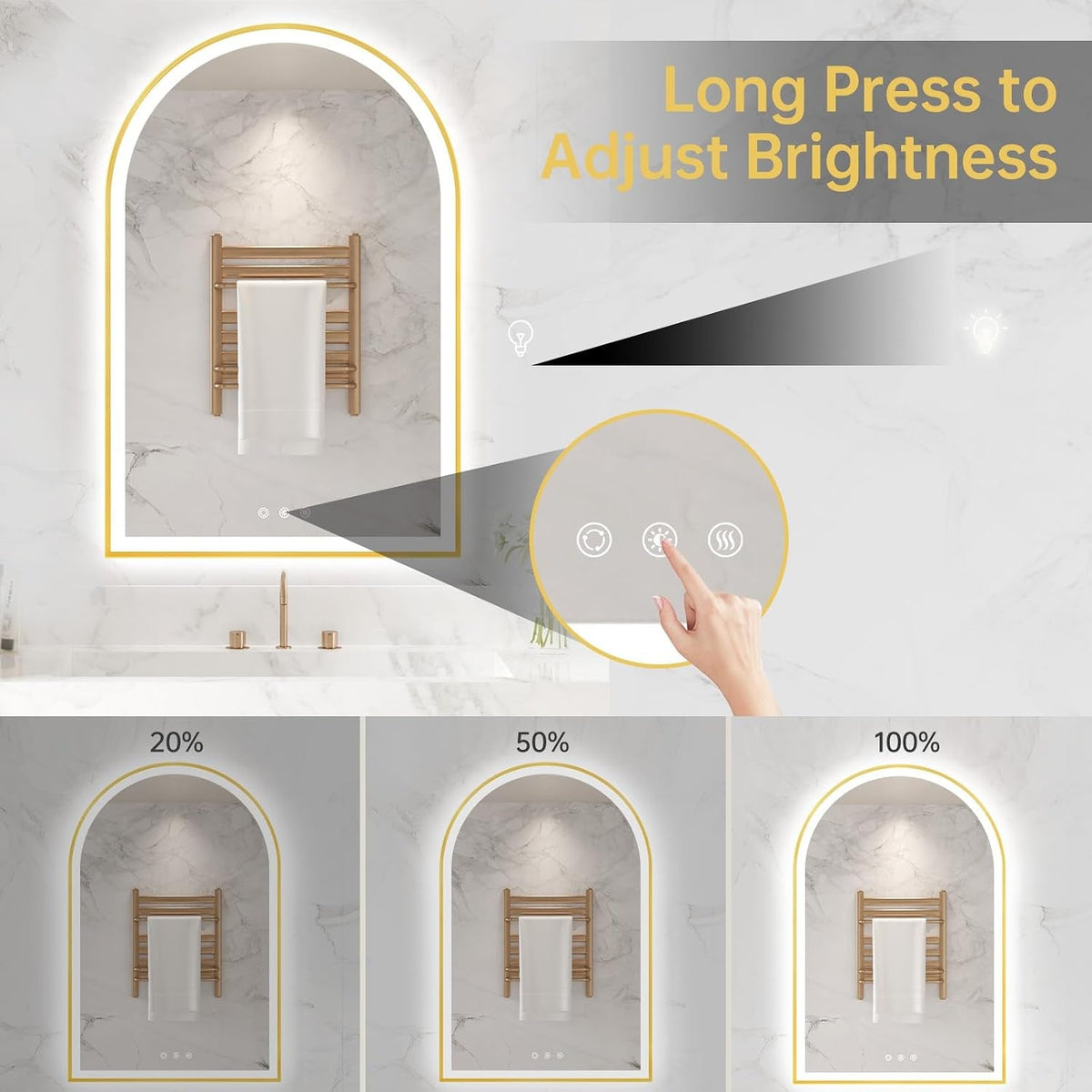 Arched Aluminum Bathroom Mirror With Dimmable Illumination