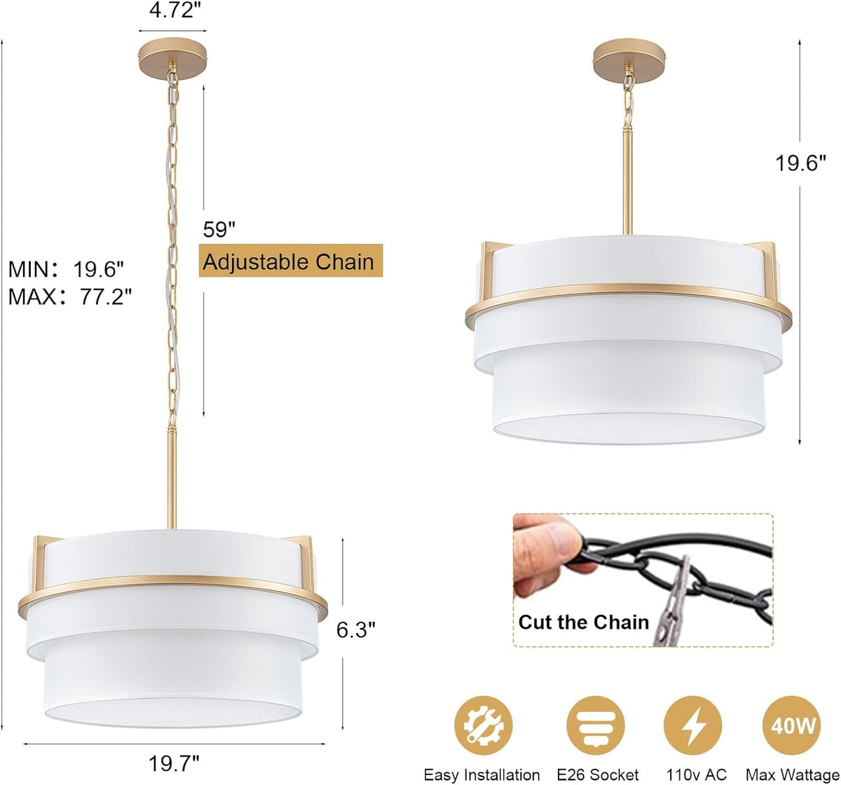 19.7" Double Drum Chandelier, Gold 4-Light Modern Pendant Light Fixture
