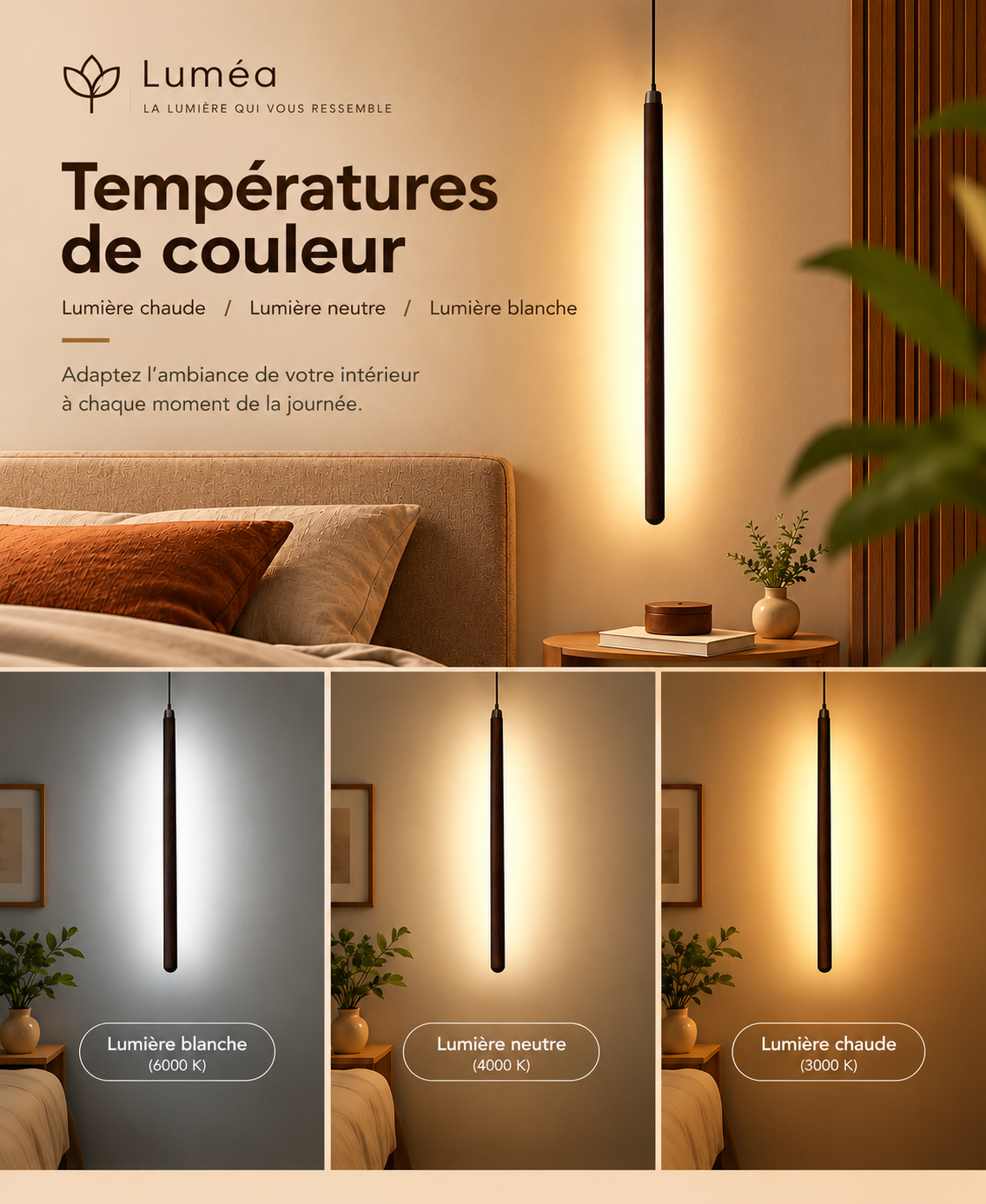 Applique suspendu LED verticale en bois massif pour chambre