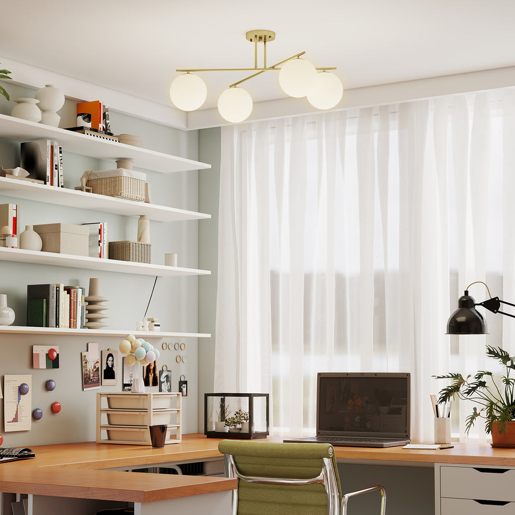 Plafonnier lustre moderne à 4 lumières avec culot E14, montage semi-affleurant, doré et crème