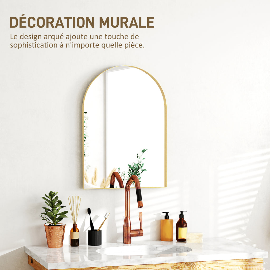 Miroir mural arqué miroir de salle de bain avec cadre en alliage d'aluminium pour chambre salon entrée 50 × 70 cm or