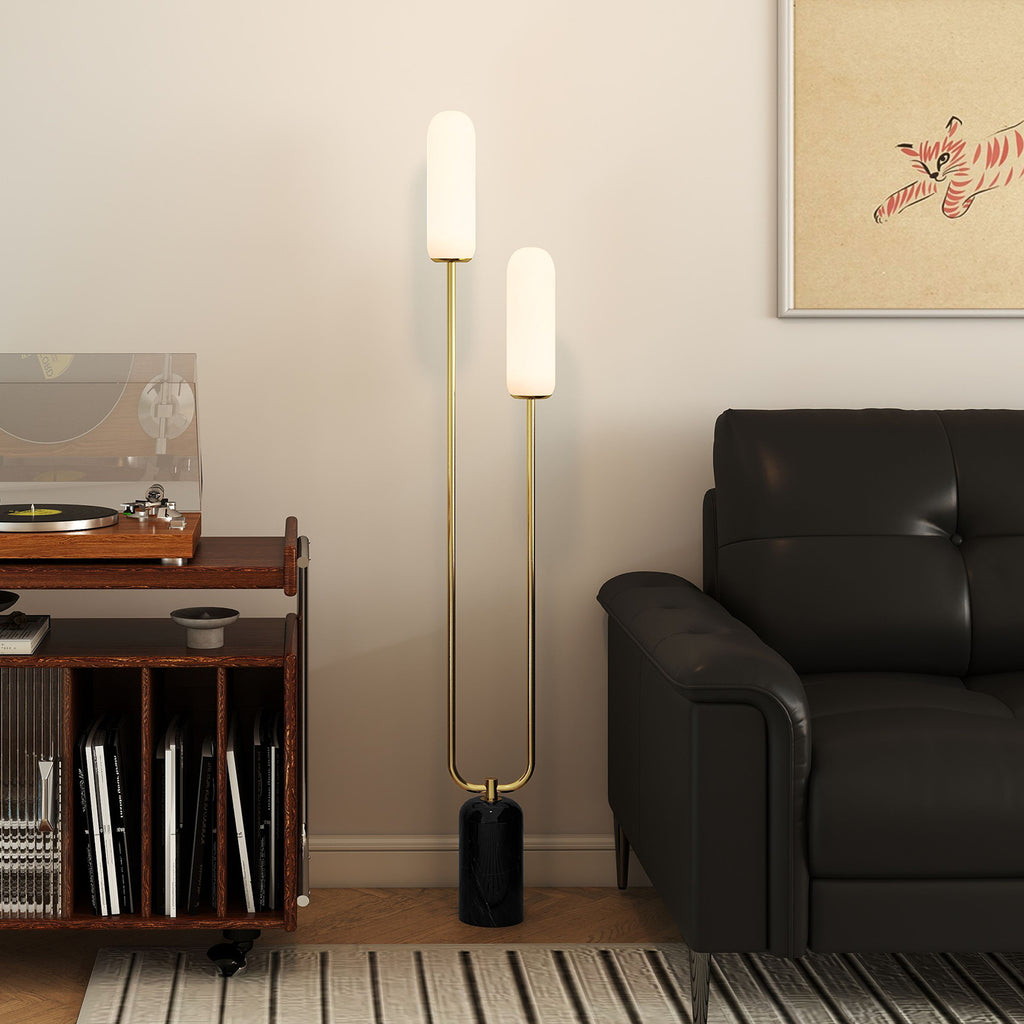 Lampadaire sur pied de salon lampe sur pied avec 2 abat-jours en verre, base en marbre et interrupteur à pied, blanc