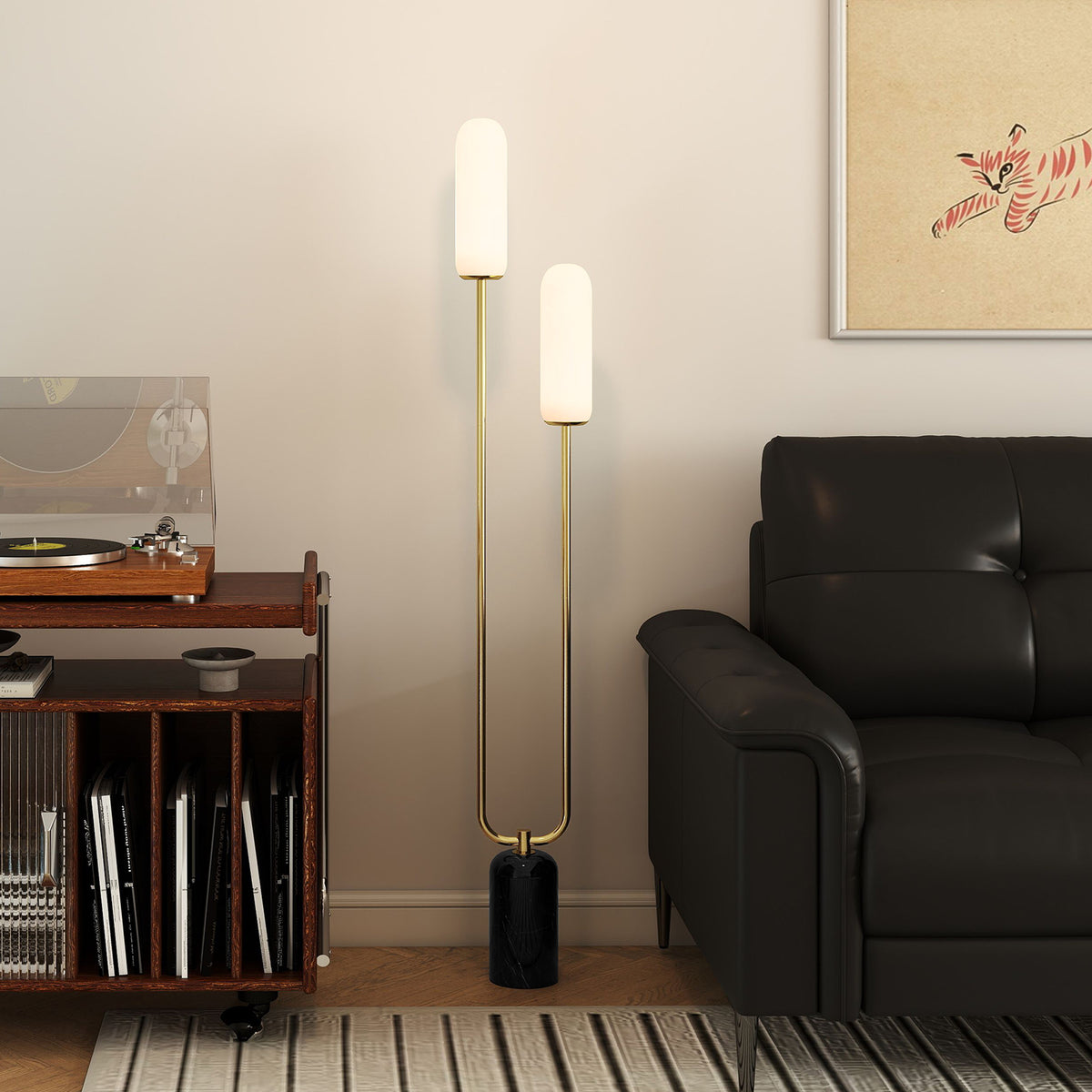 Lampadaire sur pied de salon lampe sur pied avec 2 abat-jours en verre, base en marbre et interrupteur à pied, blanc