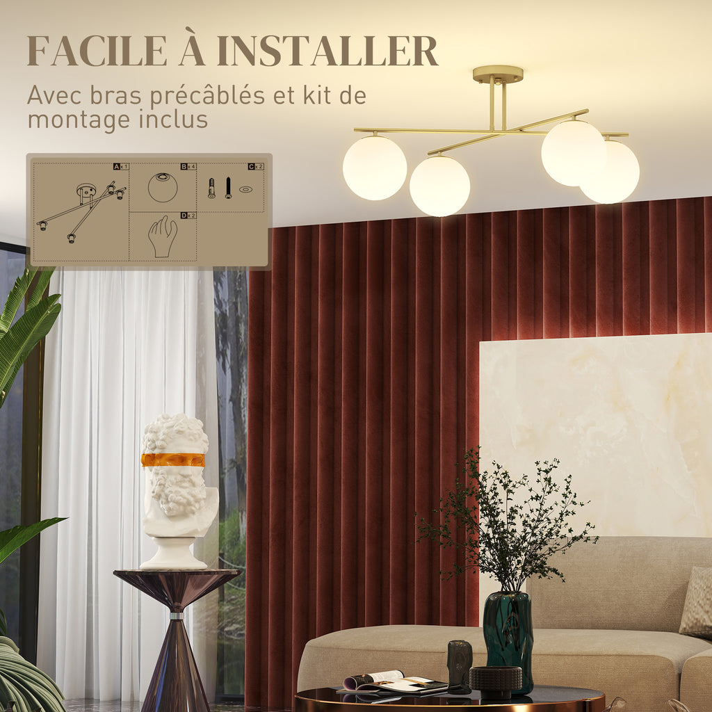 Plafonnier lustre moderne à 4 lumières avec culot E14, montage semi-affleurant, doré et crème