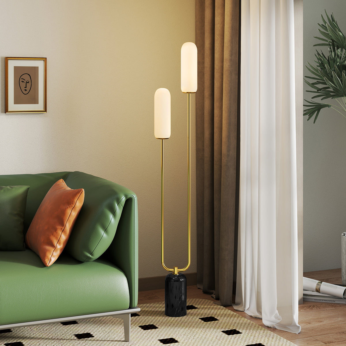 Lampadaire sur pied de salon lampe sur pied avec 2 abat-jours en verre, base en marbre et interrupteur à pied, blanc