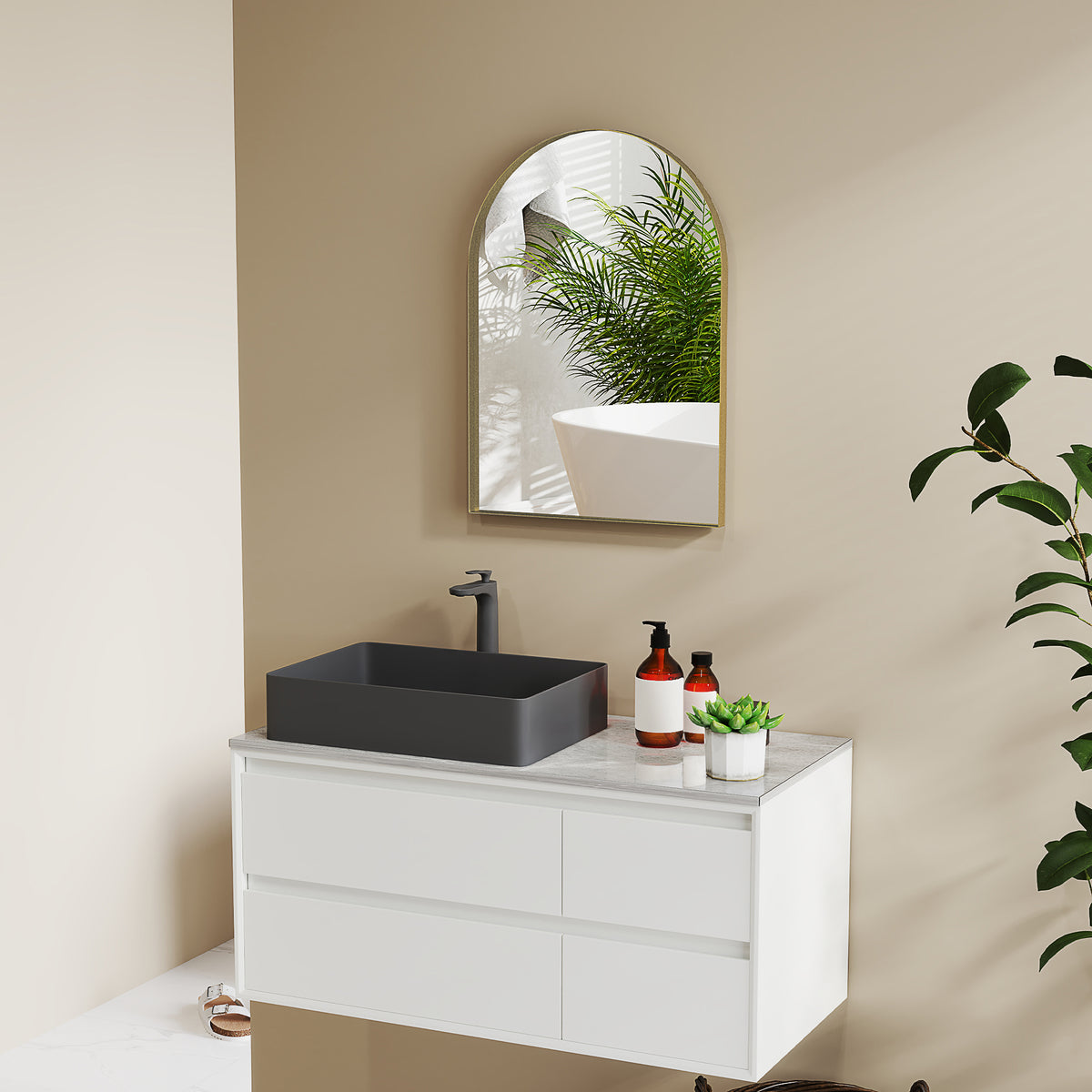 Miroir mural arqué miroir de salle de bain avec cadre en alliage d'aluminium pour chambre salon entrée 50 × 70 cm or