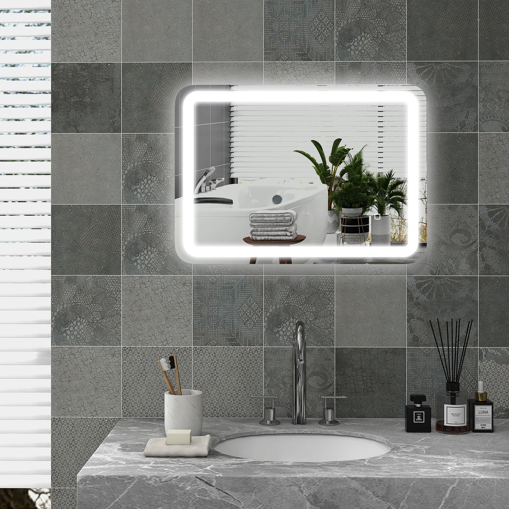 Miroir de salle de bain rectangulaire LED fonction anti-buée luminosité réglable fonction mémoire 70 x 50 cm argent