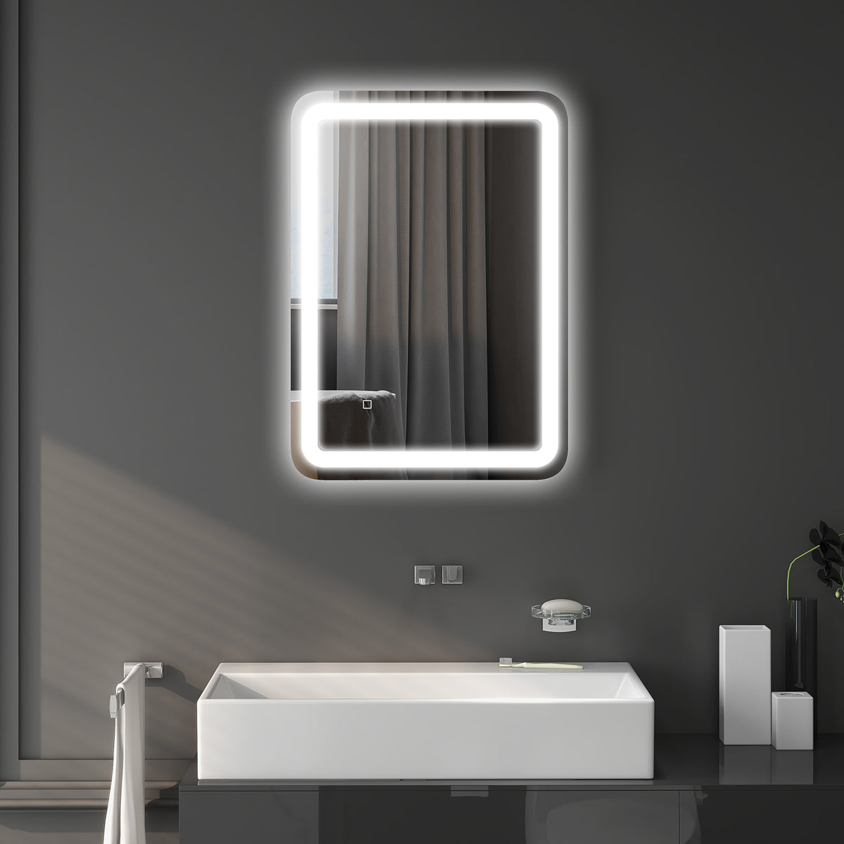 Miroir de salle de bain rectangulaire LED fonction anti-buée luminosité réglable fonction mémoire 70 x 50 cm argent
