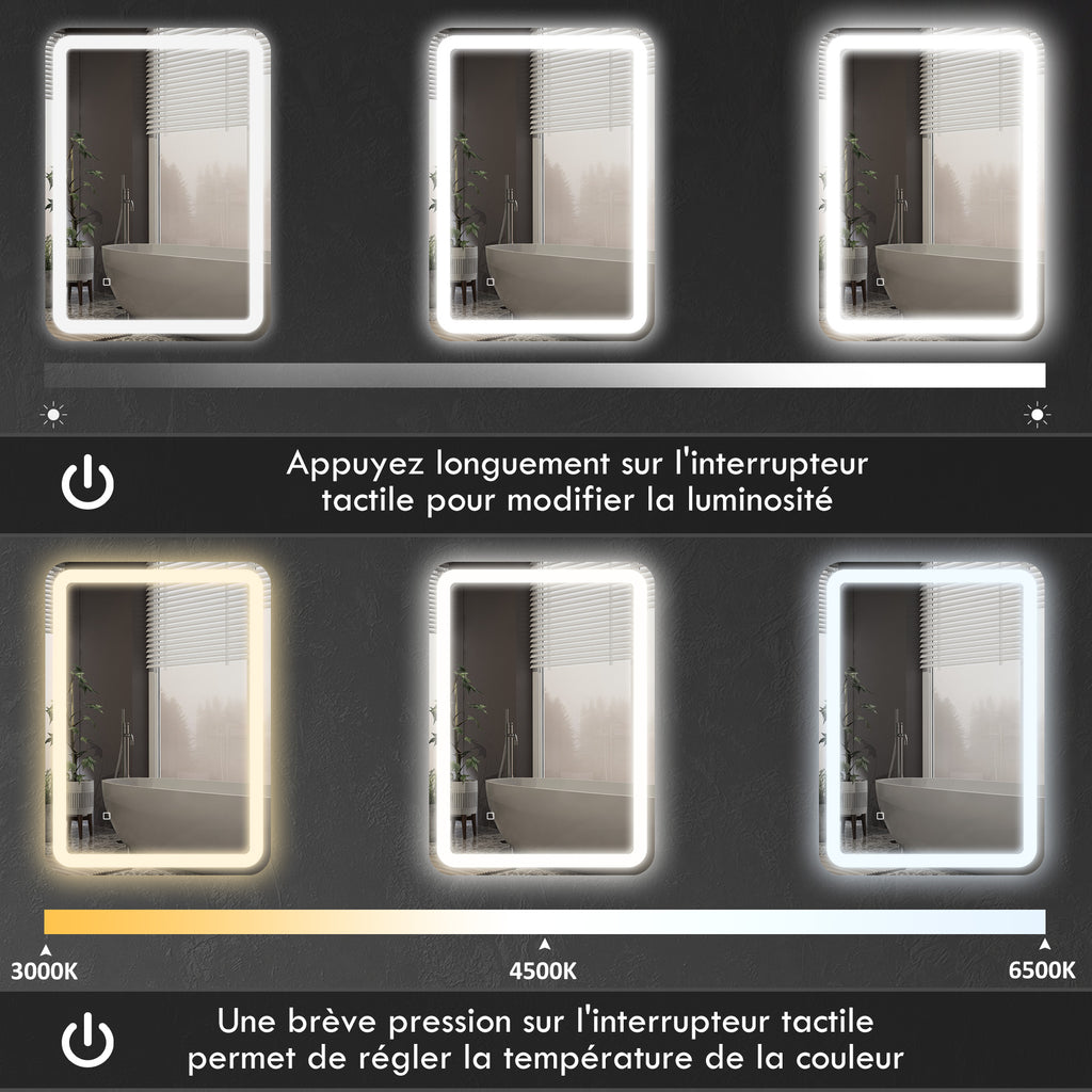 Miroir de salle de bain rectangulaire LED fonction anti-buée luminosité réglable fonction mémoire 70 x 50 cm argent