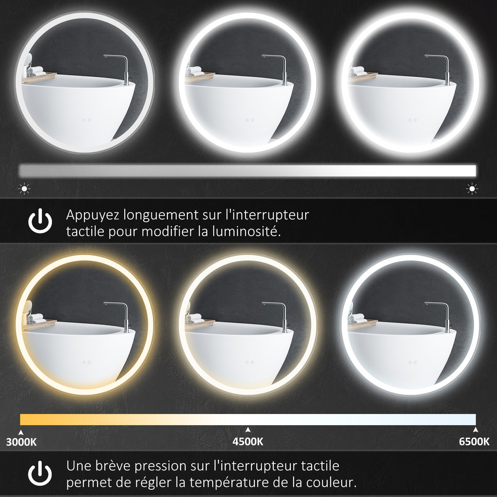 Miroir rond lumineux LED de salle de bain Ø 70 cm mural avec éclairage 3 couleurs interrupteur tactile 23W blanc argent