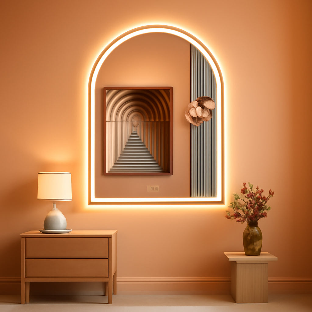 Arched Aluminum Bathroom Mirror With Dimmable Illumination