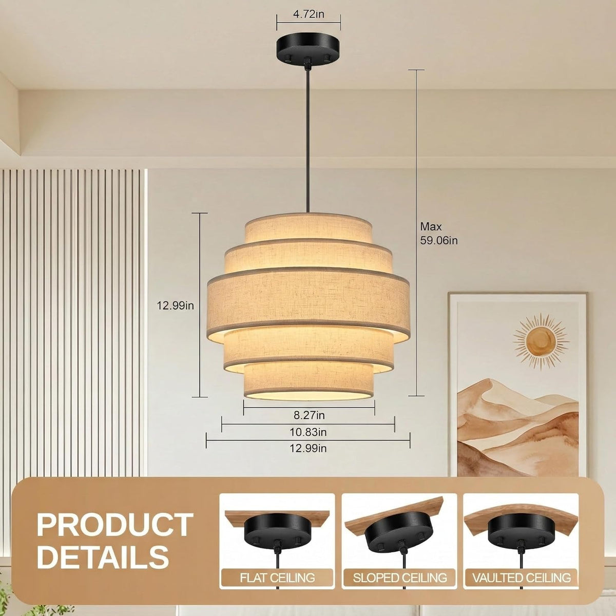 FiveTier Farmhouse Pendant Light Beige Linen Shade