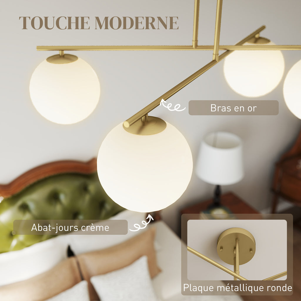 Plafonnier lustre moderne à 4 lumières avec culot E14, montage semi-affleurant, doré et crème