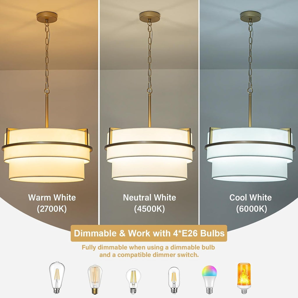 19.7" Double Drum Chandelier, Gold 4-Light Modern Pendant Light Fixture