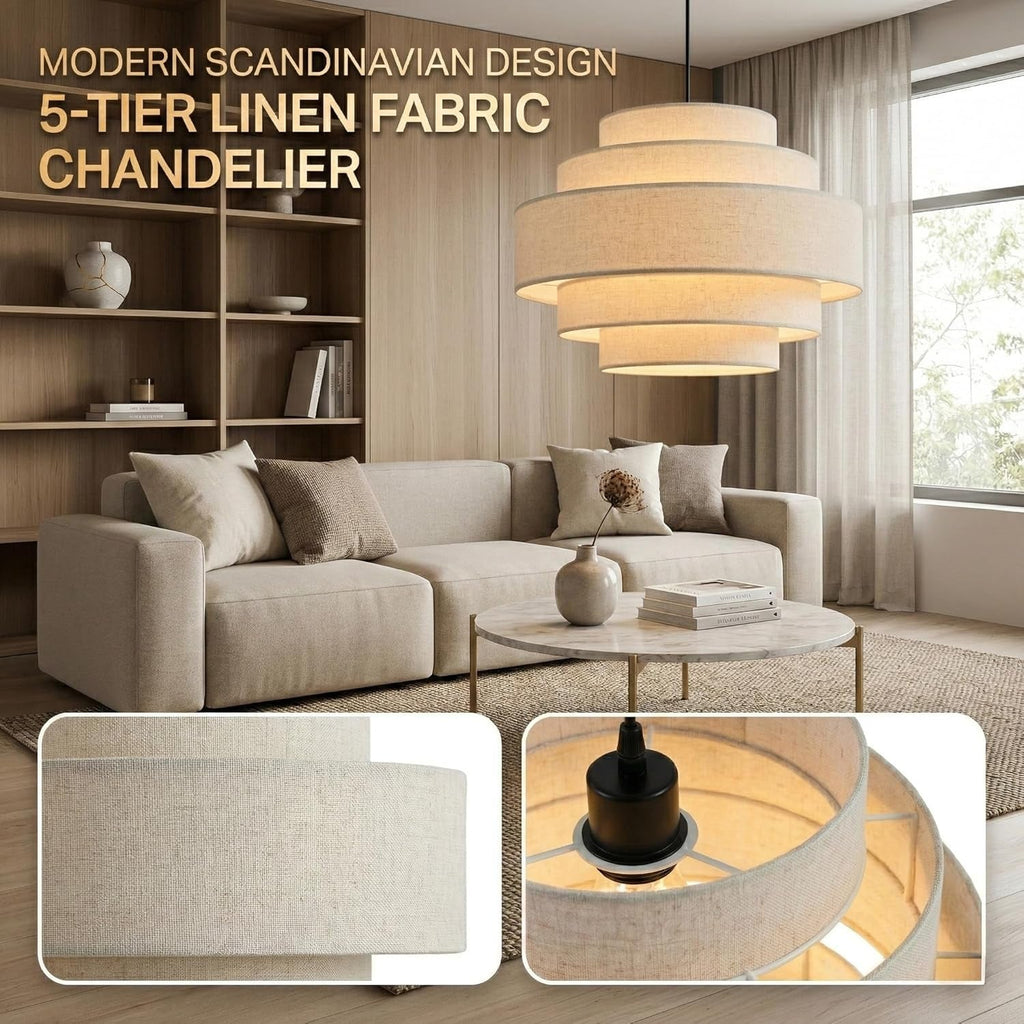 FiveTier Farmhouse Pendant Light Beige Linen Shade