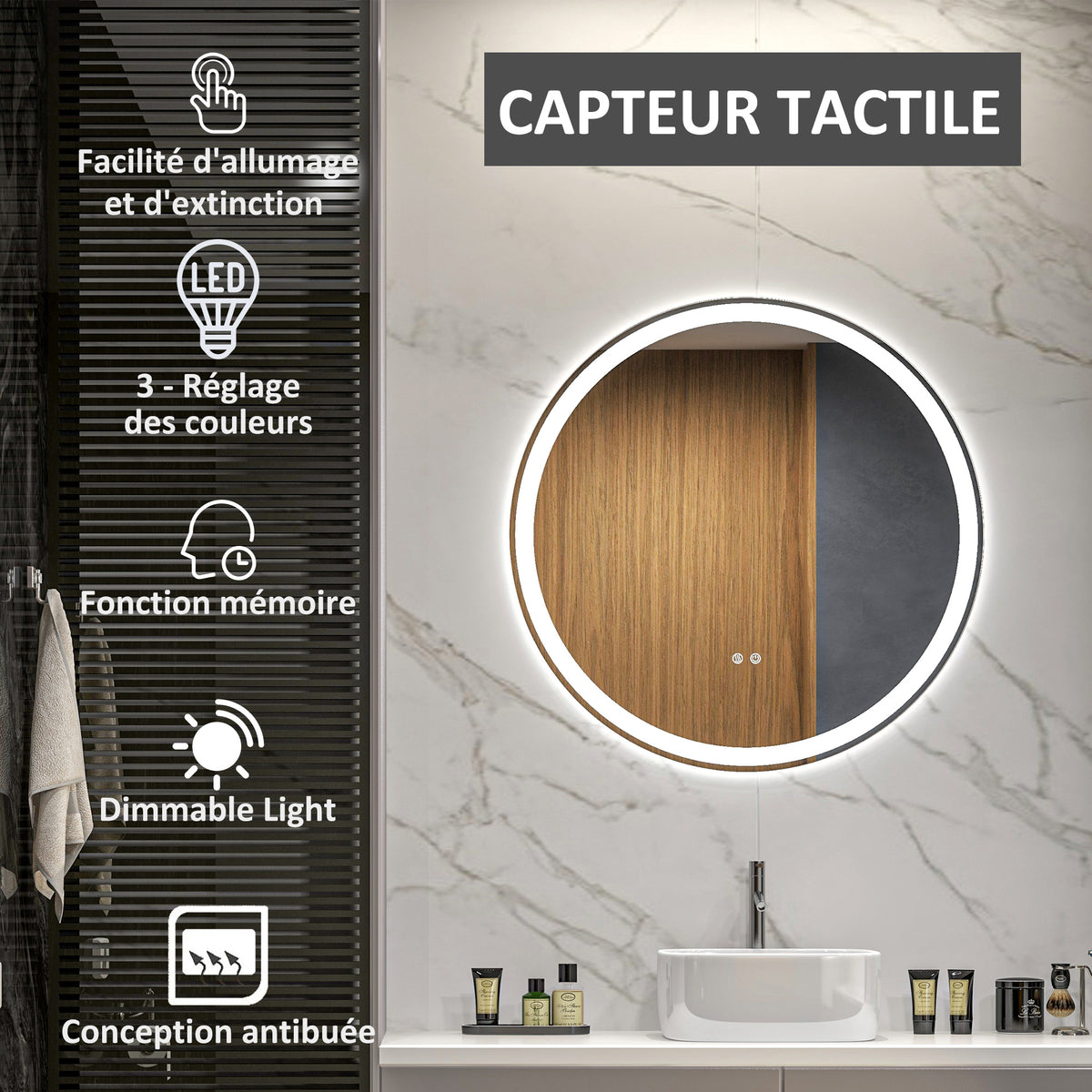 Miroir rond lumineux LED de salle de bain Ø 70 cm mural avec éclairage 3 couleurs interrupteur tactile 23W blanc argent
