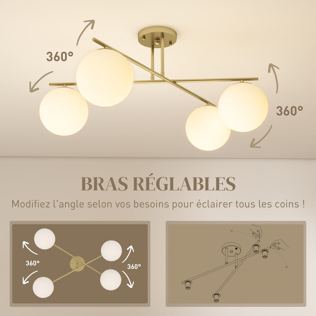 Plafonnier lustre moderne à 4 lumières avec culot E14, montage semi-affleurant, doré et crème