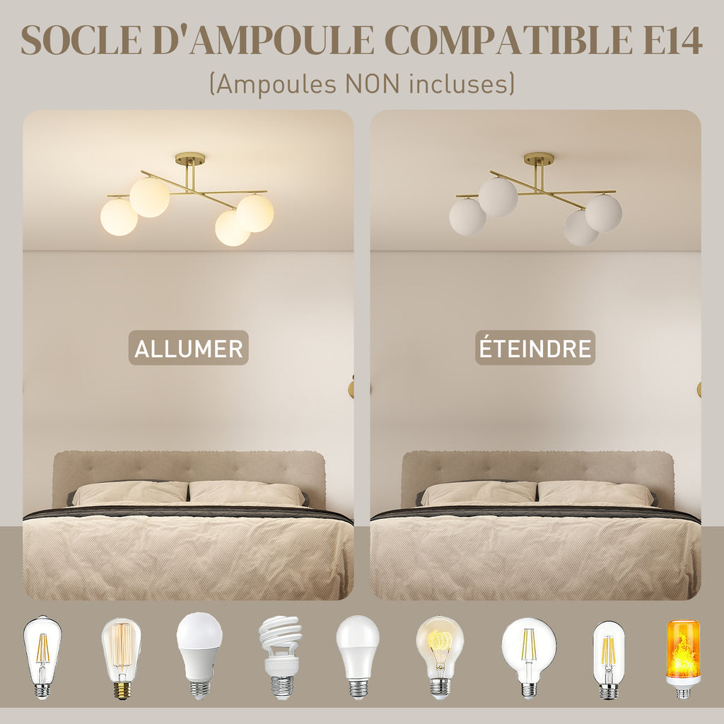 Plafonnier lustre moderne à 4 lumières avec culot E14, montage semi-affleurant, doré et crème