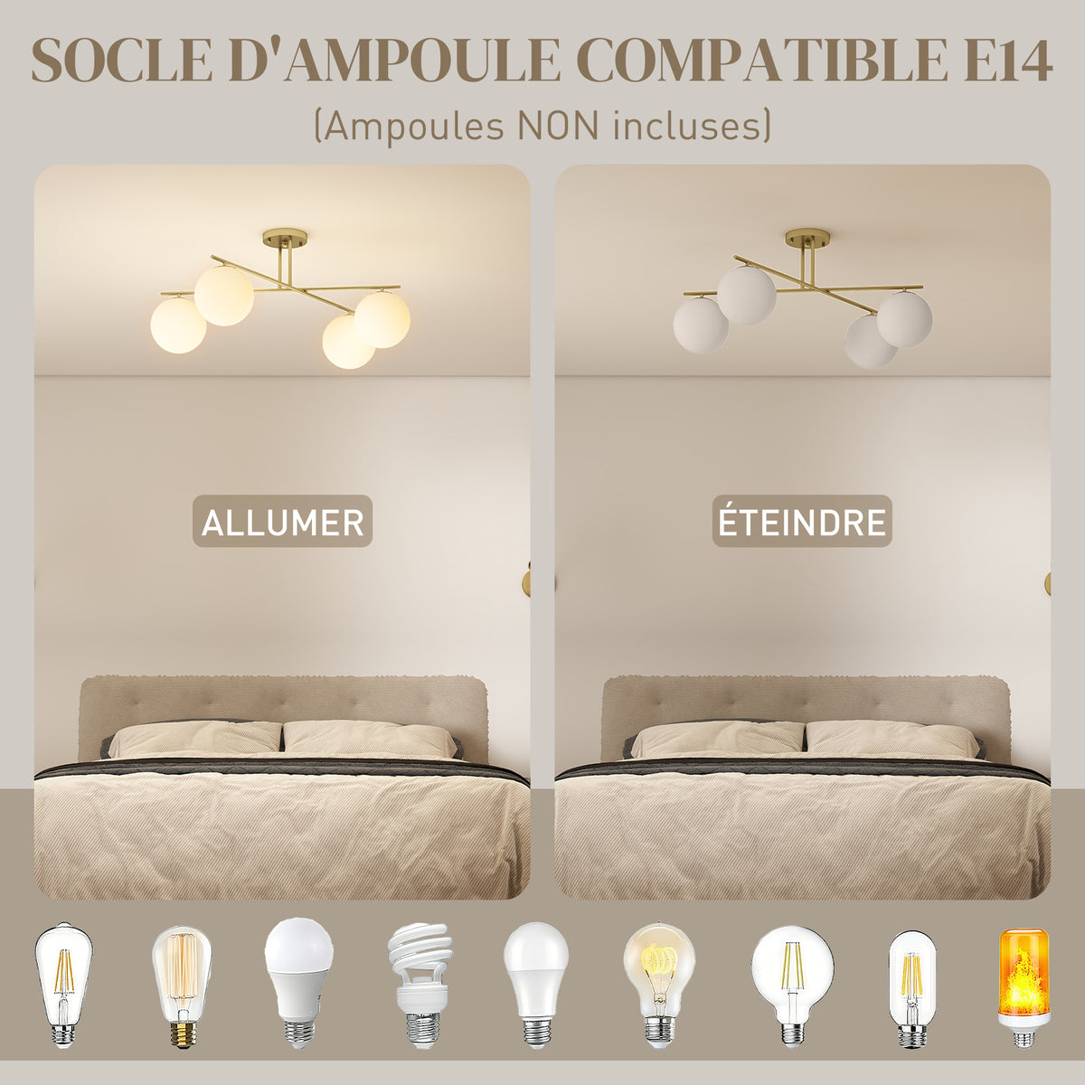 Plafonnier lustre moderne à 4 lumières avec culot E14, montage semi-affleurant, doré et crème