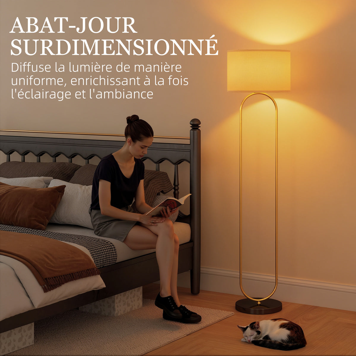 Lampadaire abat-jour en lin douille E27 style moderne interrupteur à pied pour salon et chambre 156 cm doré et noir