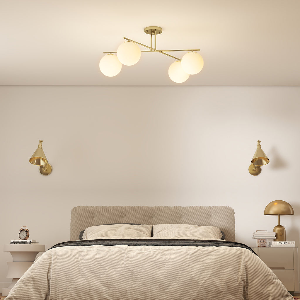 Plafonnier lustre moderne à 4 lumières avec culot E14, montage semi-affleurant, doré et crème