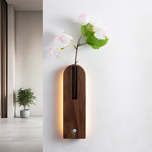 Applique murale en bois massif avec vase en verre et détecteur de mouvement