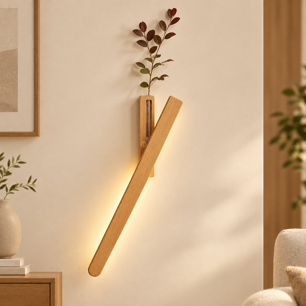 Applique murale en bois massif avec vase et interrupteur tactile