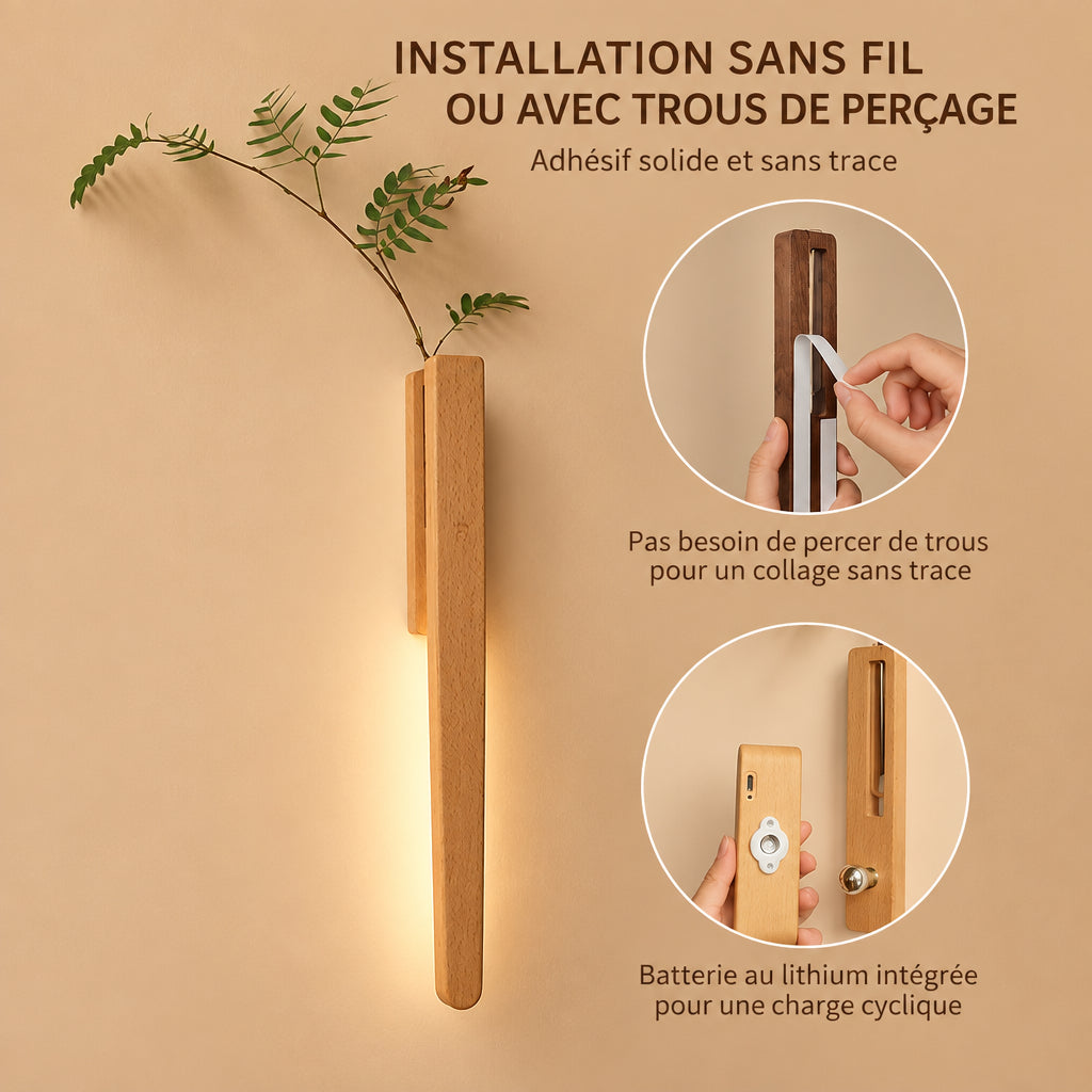 Applique murale en bois massif avec vase et interrupteur tactile