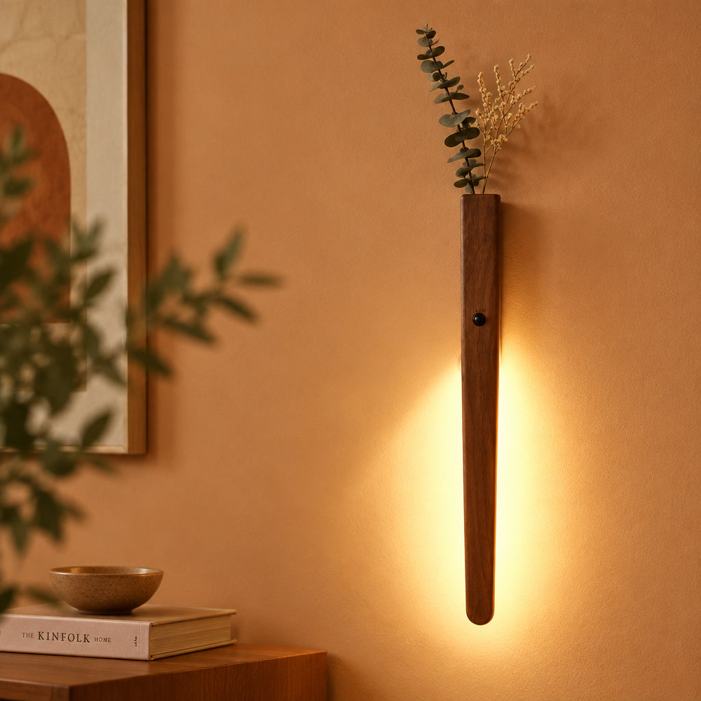 Applique murale en bois massif avec vase et interrupteur tactile