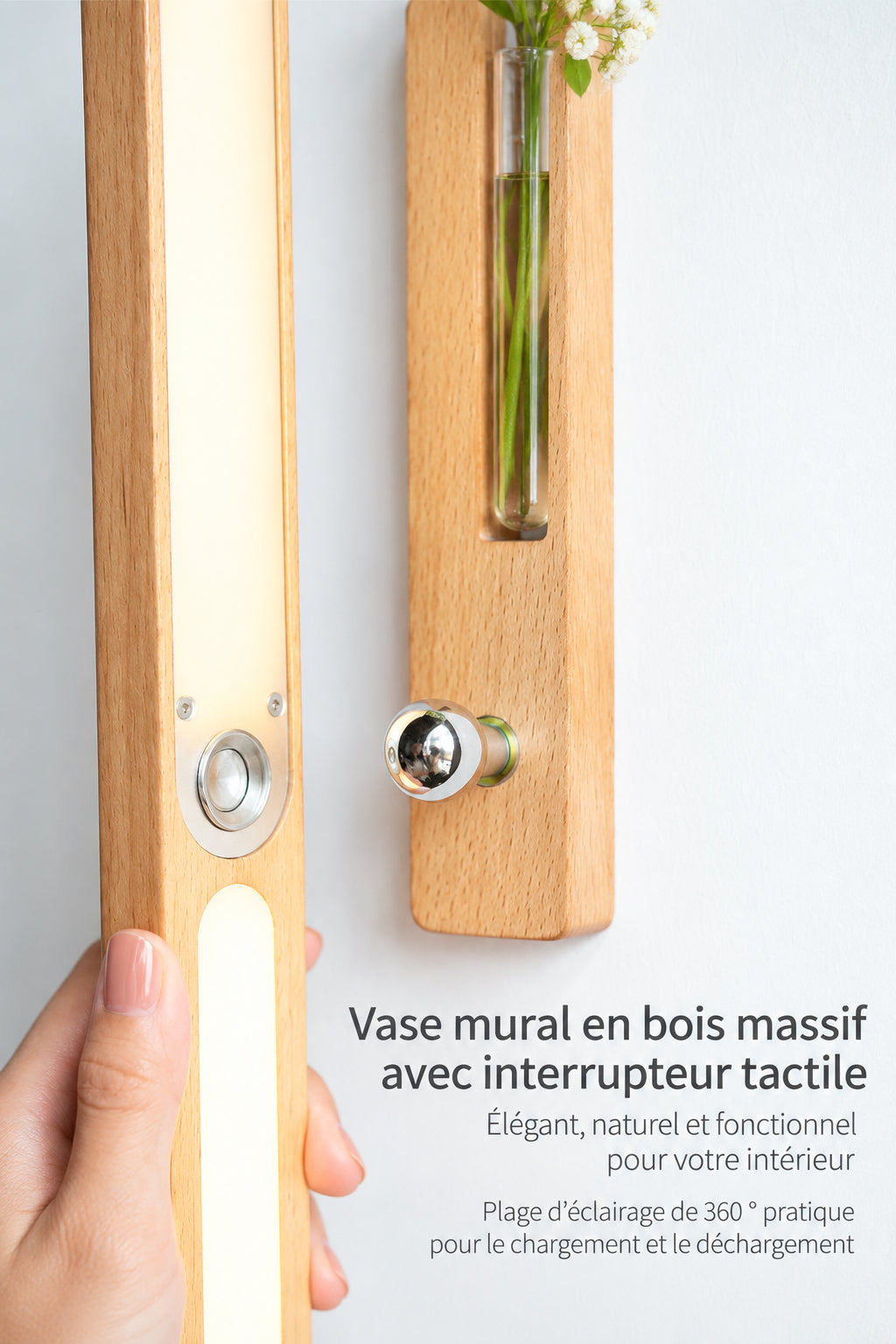 Applique murale en bois massif avec vase et interrupteur tactile