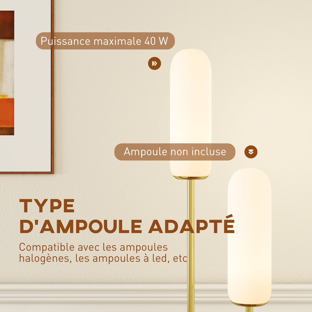 Lampadaire sur pied de salon lampe sur pied avec 2 abat-jours en verre, base en marbre et interrupteur à pied, blanc